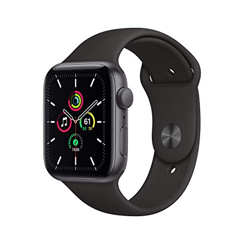 Apple Watch SE (GPS, 44 mm) con caja de aluminio en gris espacial y correa deportiva negra