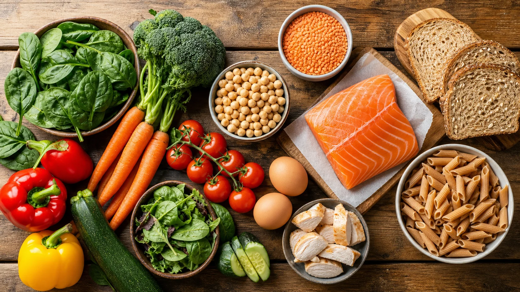 alimentos permitidos en la dieta flexitariana: verduras, legumbres, pescado y cereales integrales